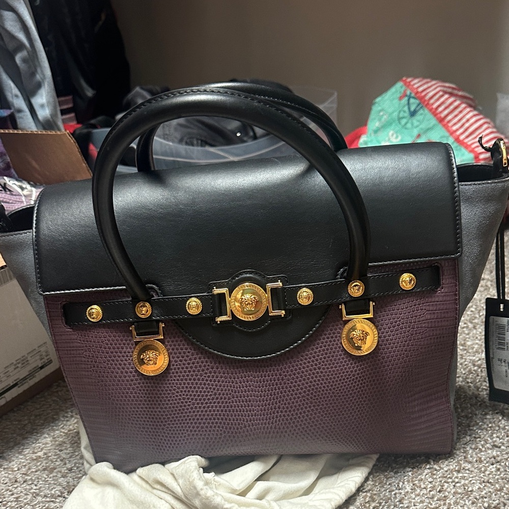 Versace Black and Purple Satchel with Gold Accents